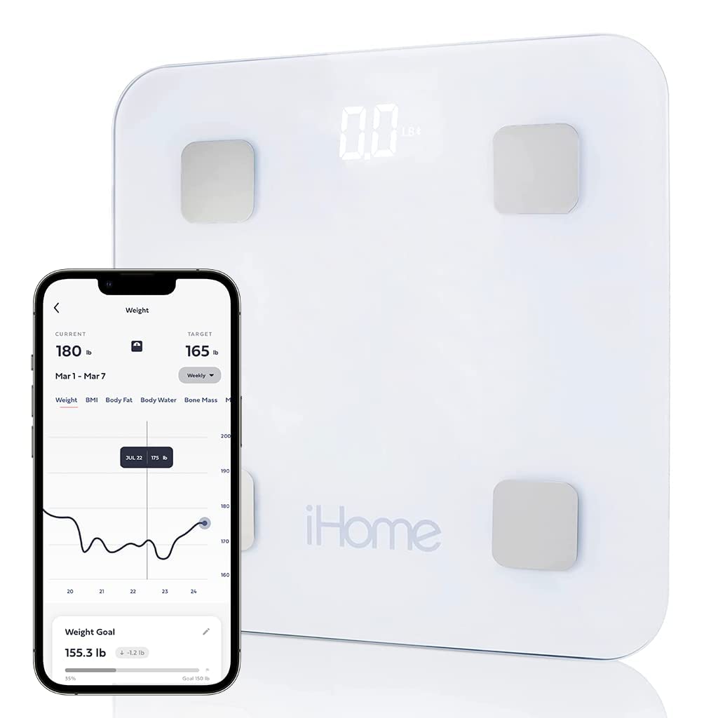 iHome Smart Scale for Body Weight Digital Bathroom Scale Bluetooth Accurate BMI Fat Water Muscle Health Analyzer for People Body Composition Monitor